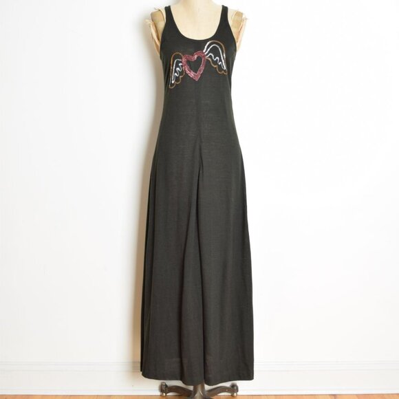 vintage 70s dress black sequin HEART wings racerback disco long maxi sundress S - Picture 2 of 8